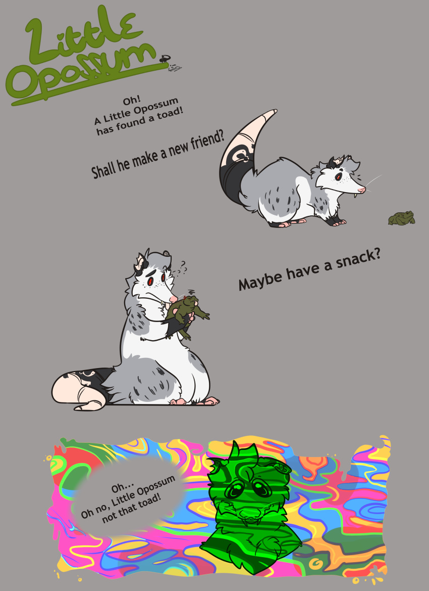 absurd_res amphibian annoyed chubby_belly comic curious didelphid drugs duo english_text feral frog hi_res humor licking male mammal marsupial oops possumgod psychedelic ryder_the_pirate_(possumgod) text thick_tail toad_(frog) tongue tongue_out tripping_balls