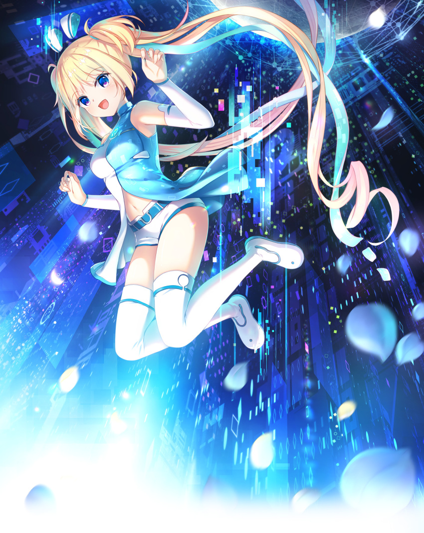 1girl :d absurdly_long_hair absurdres bare_shoulders belt blonde_hair blue_belt blue_eyes blush boots breasts detached_sleeves floating floating_hair full_body hands_up highres long_hair lunar-q lunaria_-virtualized_moonchild- medium_breasts micro_shorts midriff_peek navel official_art petals shorts smile solo thigh_boots thighs two_side_up very_long_hair white_footwear white_shorts