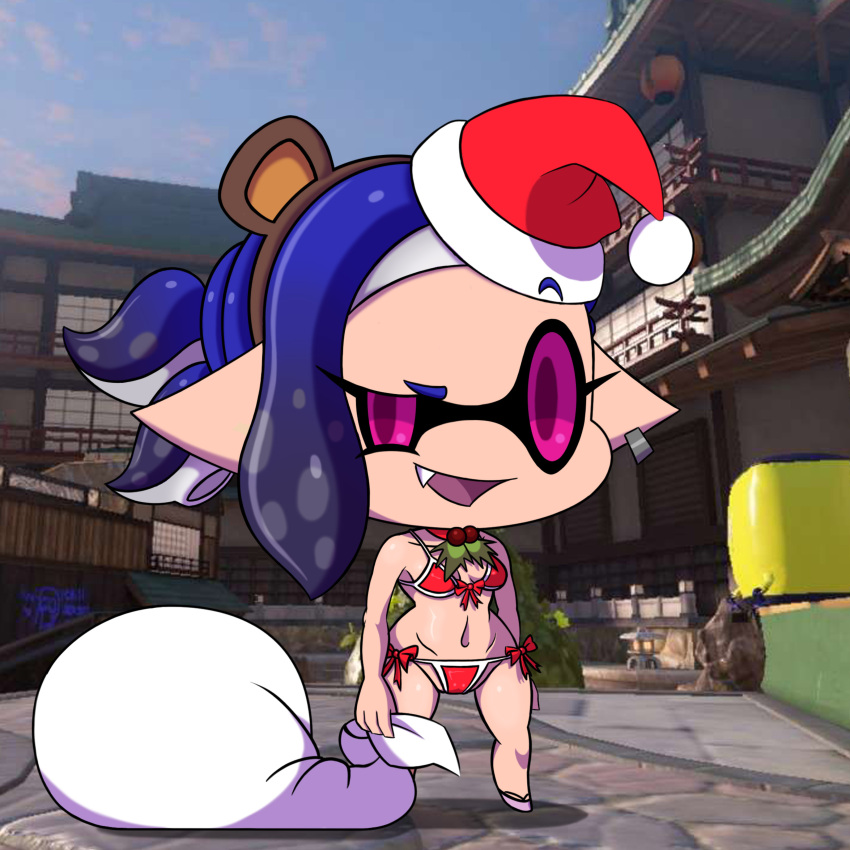 absurd_res animal_humanoid bikini blue_hair cephalopod cephalopod_humanoid christmas christmas_clothing christmas_headwear clothed clothing digital_media_(artwork) ear_piercing ear_ring fangs female hair hat headgear headwear hi_res holidays humanoid inkling inkling_girl jackintaro looking_at_viewer marine marine_humanoid mollusk mollusk_humanoid nintendo open_mouth padoru piercing pink_eyes pseudo_hair ring_piercing smile solo splatoon summer swimwear tentacle_hair tentacles video_games