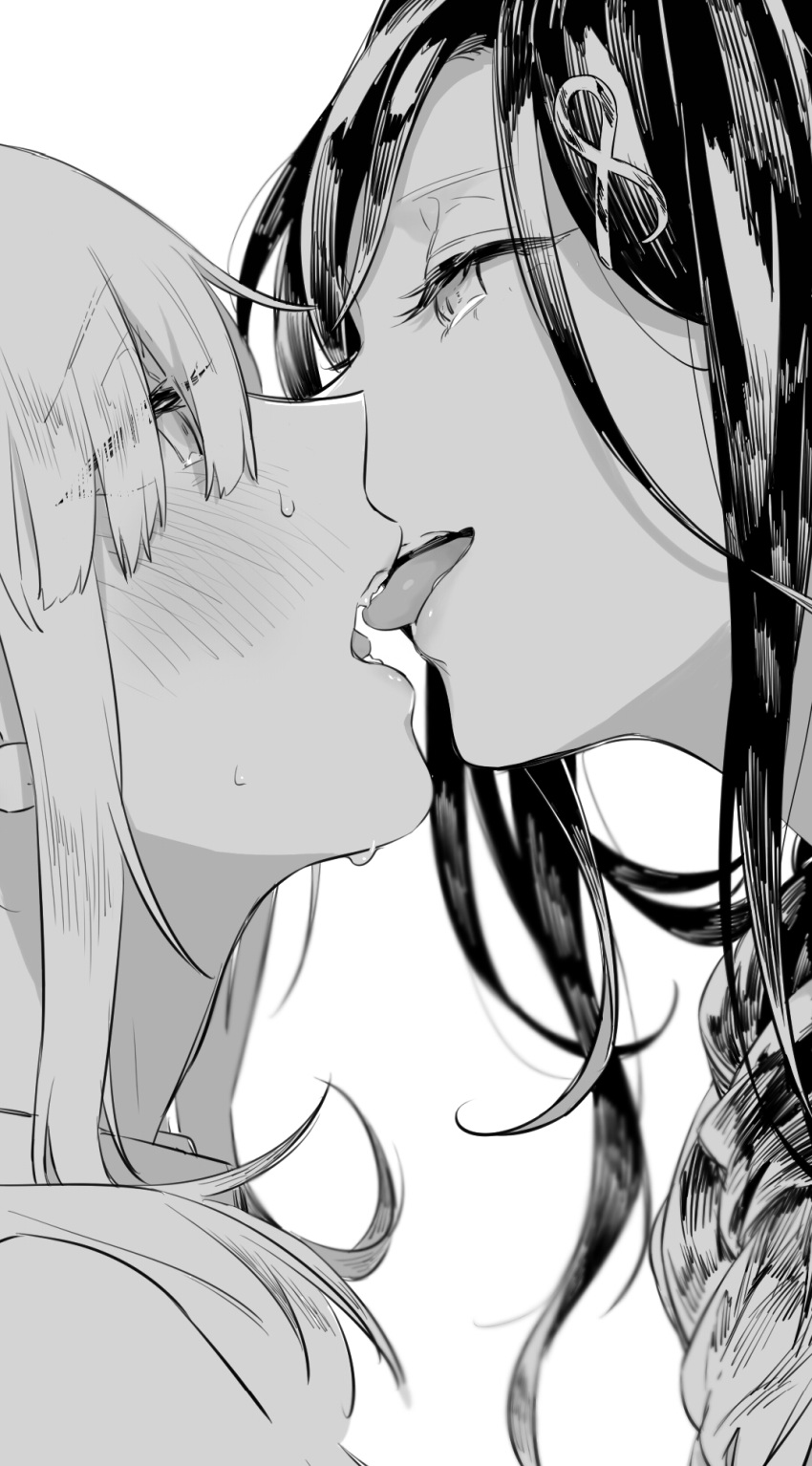 2girls ahoge black_hair couple eye_contact french_kiss hair_over_one_eye highres kiss long_hair looking_at_another mole mole_under_eye monochrome multiple_girls nijisanji saliva shirayuki_tomoe shuu-0208 sukoya_kana tongue tongue_out virtual_youtuber wife_and_wife yuri