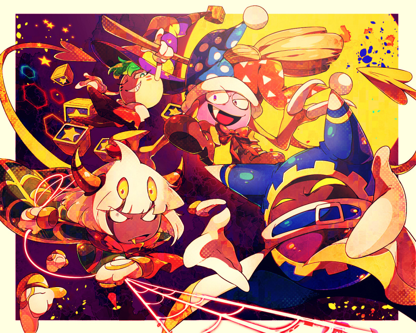 animal_hood broom cat_hood disembodied_limb fang green_eyes green_hair gryll_(kirby) hat hexagon hood horns jester_cap kirby_(series) looking_at_viewer magolor marx_(kirby) purple_eyes shirushiki silk single_horn spider_web star_(symbol) taranza white_hair wings witch_hat yellow_eyes