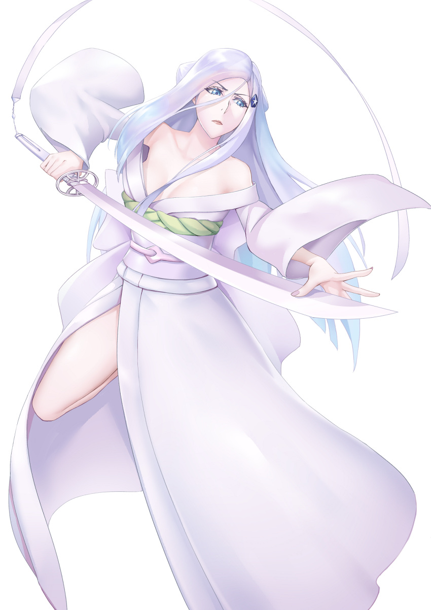 1girl bare_shoulders bleach blue_eyes blue_hair breasts collarbone commentary_request hair_ornament hairclip highres holding holding_sword holding_weapon japanese_clothes katana kimono light_blue_hair long_hair off_shoulder sakuya_(liao_kj) simple_background small_breasts sode_no_shirayuki solo sword weapon white_background white_kimono