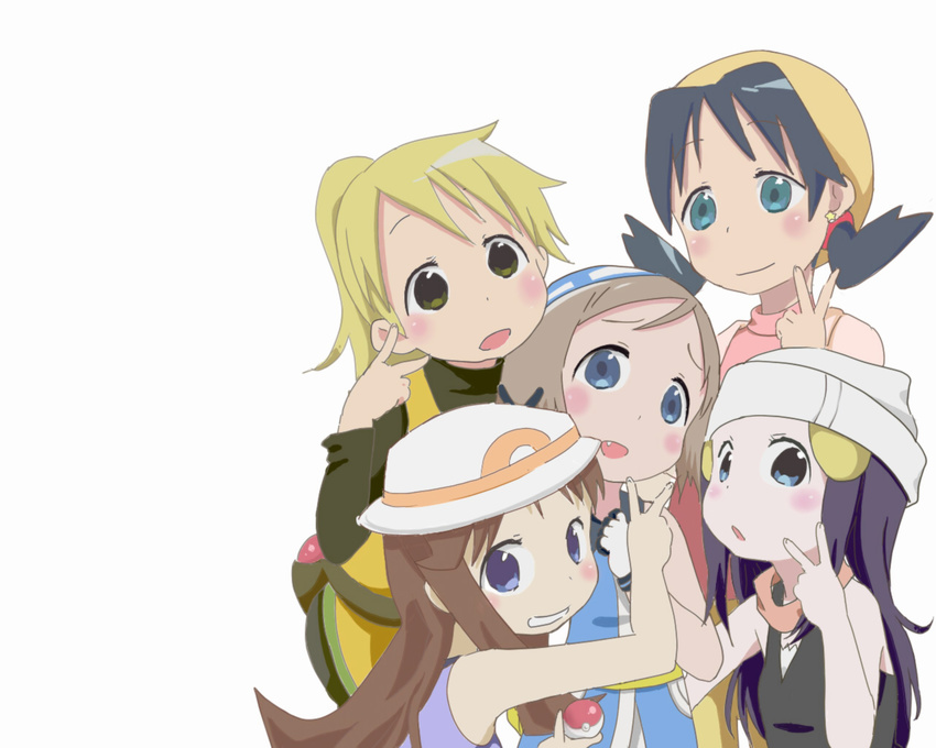 5girls beanie black_hair blonde_hair blue_(pokemon) blue_eyes blue_hair blush brown_eyes brown_hair crystal_(pokemon) fang green_eyes haruka_(pokemon) hat hats hikari_(pokemon) ichigo_mashimaro leaf_(pokemon) long_hair moe multiple_girls odamaki_sapphire parody peace platinum_berlitz pokemon pokemon_(game) pokemon_crystal pokemon_diamond_and_pearl pokemon_dppt pokemon_firered_and_leafgreen pokemon_gsc pokemon_rgby pokemon_rse pokemon_ruby_and_sapphire pokemon_special pokemon_yellow ponytail scarf style_parody twintails v yellow_(pokemon)