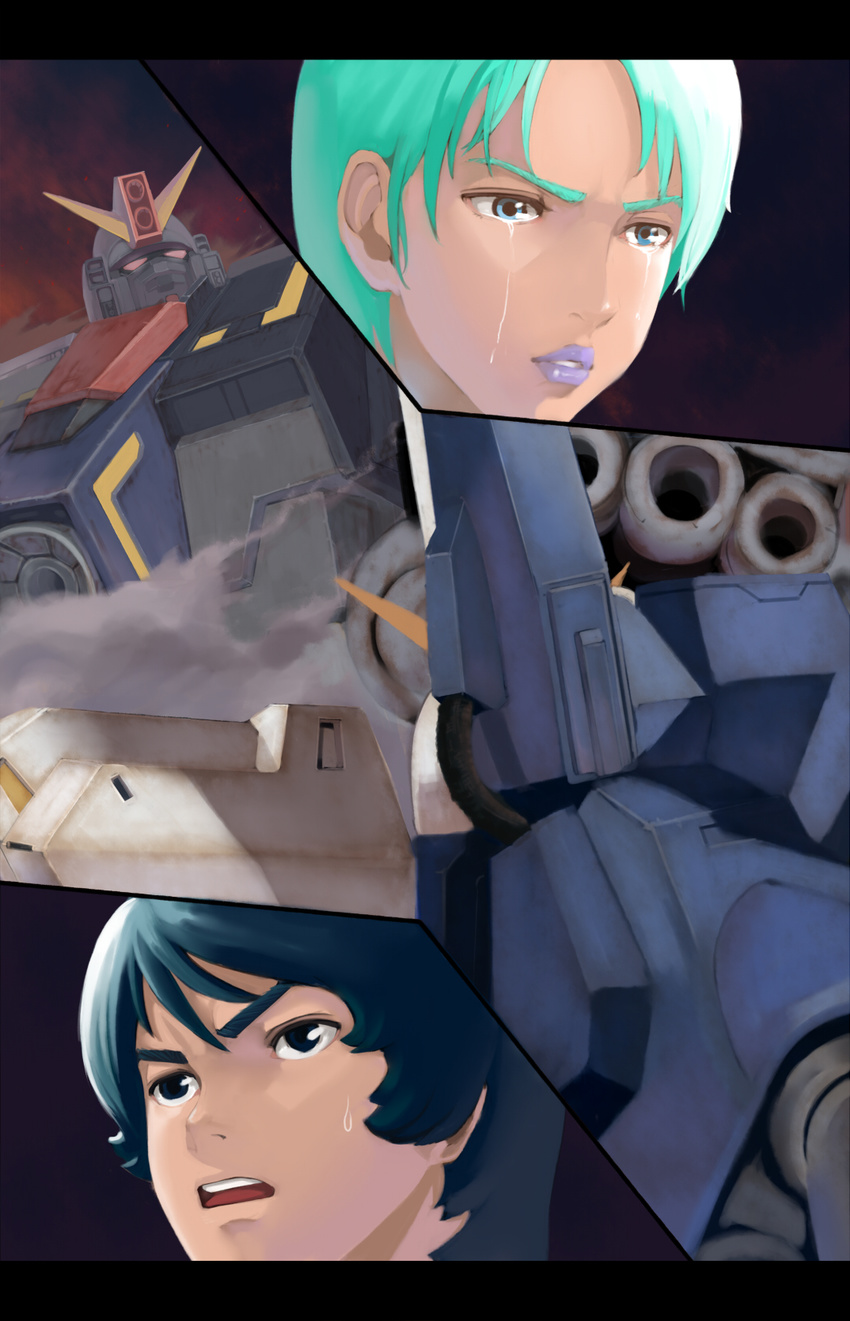 blue_hair four_murasame green_hair gundam gundam_mk_ii highres kamille_bidan psycho_gundam tears zeta_gundam