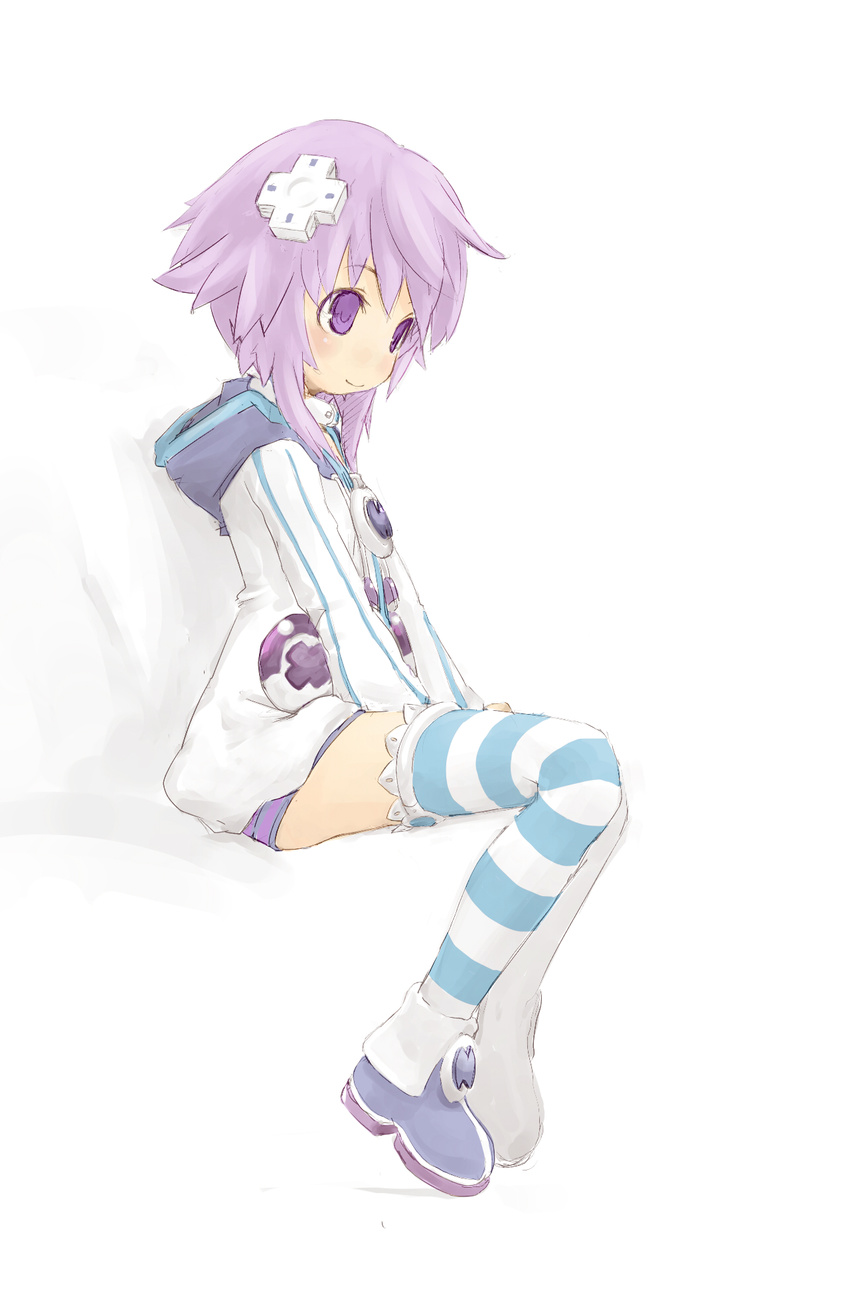 blue_legwear goma_(mm324) highres hood hoodie neptune_(choujigen_game_neptune) neptune_(series) purple_eyes purple_hair smile solo striped striped_legwear thighhighs