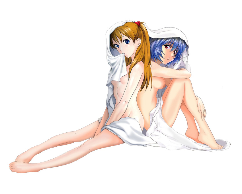 2girls ayanami_rei blue_eyes blue_hair female highres multiple_girls neon_genesis_evangelion nude photoshop red_eyes red_hair resize simple_background soryu_asuka_langley souryuu_asuka_langley wrapped_in_sheets yonekura_kengo yuri