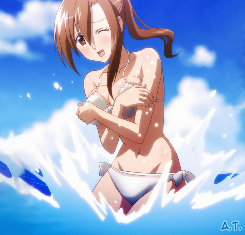 bikini blush breasts brown_eyes brown_hair cleavage cloud female jpeg_artifacts navel ocean outdoors sea seitokai_yakuindomo shichijou_aria sky smile solo swimsuit water