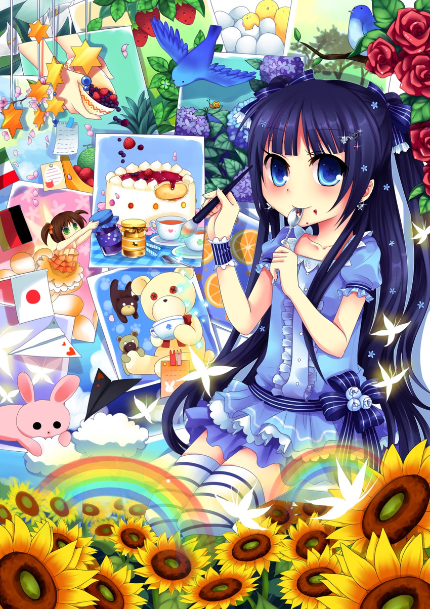 banana bangs berries bird black_hair blue_dress blue_eyes blunt_bangs brown_hair bug bunny butterfly butterfly_earrings cake calla_lily center_frills cherry_blossoms cloud cup dress earrings eating egg eggshell fairy_wings flower food food_on_face frilled_sleeves frills fruit german_flag glint green_eyes hair_flower hair_ornament hair_ribbon hairclip hands hatching heart highres holding holding_spoon honey hydrangea insect italian_flag japanese_flag jar jewelry kokuchuutei long_hair melon multicolored_hair multiple_girls orange orange_slice paintbrush painting painting_(object) paper_airplane petals puffy_short_sleeves puffy_sleeves rainbow red_flower red_rose ribbon rose short_dress short_sleeves single_wrist_cuff sitting snail spoon spoon_in_mouth star strawberry striped striped_legwear striped_ribbon stuffed_animal stuffed_toy sunflower teacup teddy_bear thighhighs twintails two-tone_hair very_long_hair wings wrist_cuffs zettai_ryouiki
