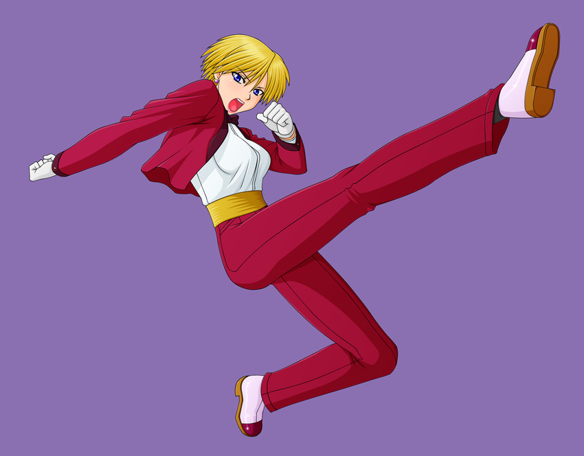 blonde_hair blue_eyes formal gloves kick kicking king_(snk) king_of_fighters makani_kohitujito makanikohitujito shoes short_hair snk spinzaku suit