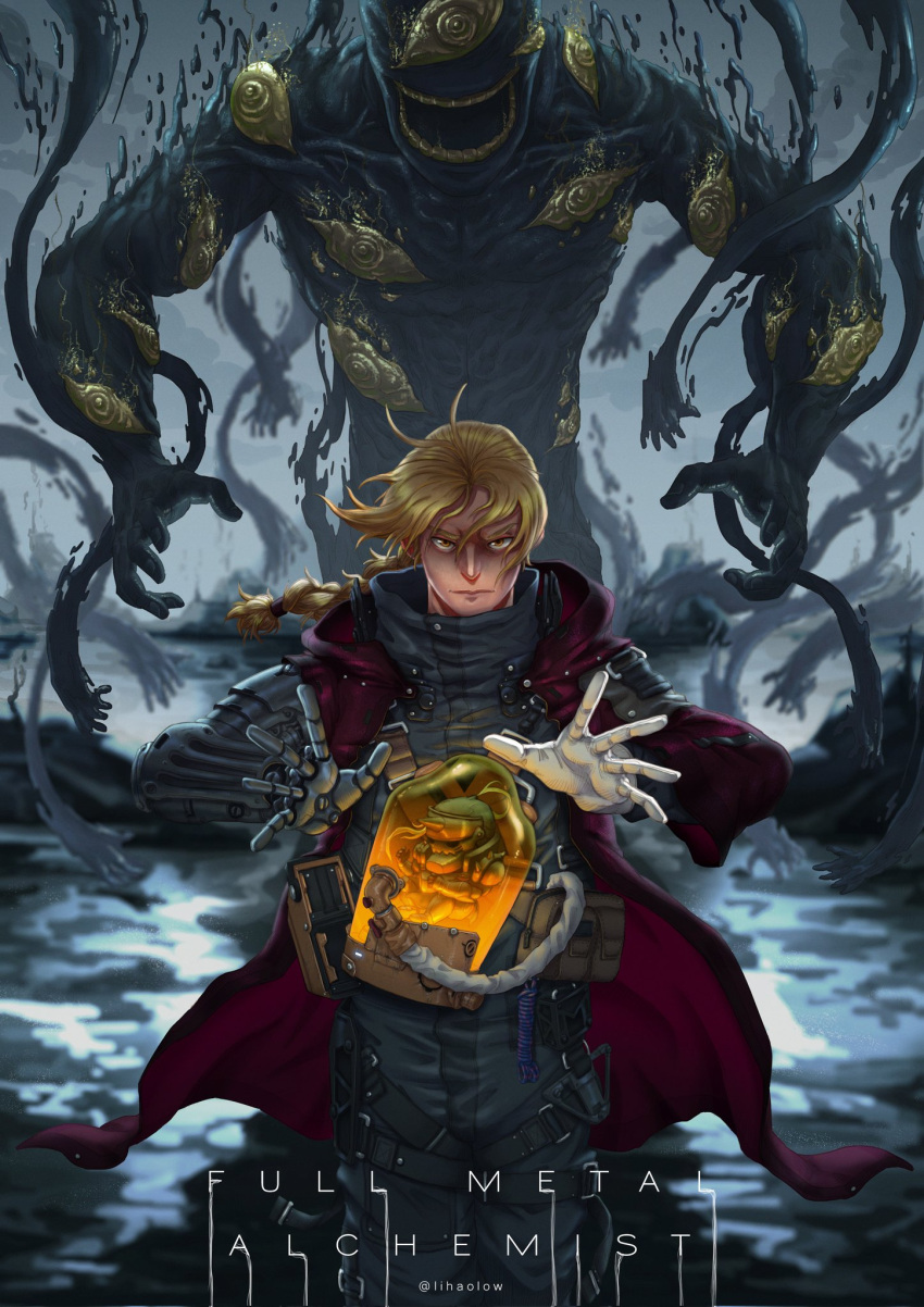 1boy 2others ahoge alphonse_elric armor automail blonde_hair braid brothers cloak closed_mouth coat dark_background death_stranding disembodied_limb edward_elric english_text extra_eyes floating full_armor fullmetal_alchemist gloves highres homunculus lihaolow long_hair male_focus mechanical_arms monster multiple_boys multiple_others open_mouth ponytail red_cloak siblings signature single_mechanical_arm wetland yellow_eyes