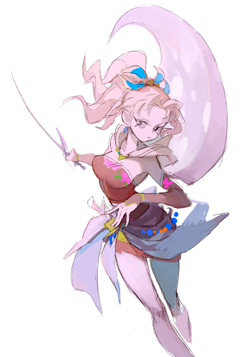 1girl absurdres ass bangs bare_shoulders blonde_hair breasts cape detached_sleeves dress earrings final_fantasy final_fantasy_vi hair_ribbon highres holding holding_sword holding_weapon jewelry liba_(leo8d) medium_breasts medium_hair pantyhose parted_bangs pink_dress ponytail ribbon short_dress simple_background sketch solo sword tight tight_dress tina_branford upper_body weapon white_background wind wind_lift