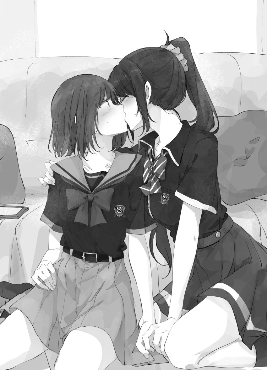 2girls absurdres aiba_rinka belt blush cellphone closed_eyes collarbone collared_shirt couch cushion dress_shirt greyscale hair_ornament hair_scrunchie hand_on_another's_shoulder hazama_yotsuba highres holding_hands kiss monochrome multiple_girls novel_illustration official_art phone pleated_skirt ponytail profile school_uniform scrunchie second-party_source serafuku shiina_kuro shirt short_hair skirt smartphone socks sweatdrop yuri yuri_no_ma_ni_hasamareta_watashi_ga_ikioi_de_futamata_shite_shimatta_hanashi