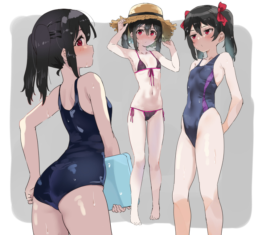 1girl ass bare_arms bare_shoulders barefoot bikini black_bikini black_hair blue_one-piece_swimsuit bow breasts front-tie_bikini_top front-tie_top hair_bow hat highres kurokawa_makoto love_live! love_live!_school_idol_project micro_bikini multiple_views navel one-piece_swimsuit red_bow red_eyes school_swimsuit side-tie_bikini_bottom small_breasts stomach straw_hat swimsuit twintails wet yazawa_nico