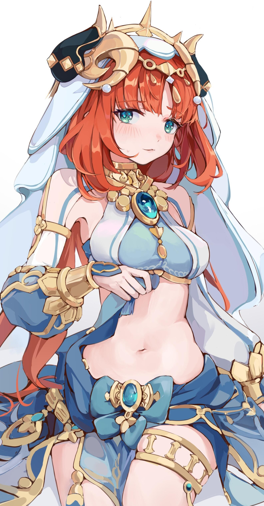 1girl :3 absurdres aqua_eyes arm_at_side bangs blue_bow blue_gemstone blue_skirt blush bow bracer breasts brooch circlet cowboy_shot crop_top fake_horns gem genshin_impact harem_outfit highres holding horns hu_mogu jewelry long_hair long_sleeves looking_at_viewer low_twintails medium_breasts navel neck_ring nilou_(genshin_impact) parted_bangs parted_lips pelvic_curtain puffy_long_sleeves puffy_sleeves sidelocks simple_background skirt smile solo stomach thighlet thighs twintails veil white_background white_headwear white_sleeves