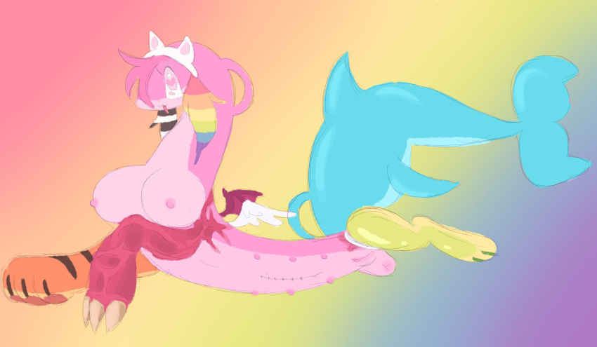 2022 big_breasts breasts chimera female feral gradient_background hair hi_res labbit1337 pink_body pink_eyes pink_hair rainbow_background scene_hair shark_tail simple_background solo