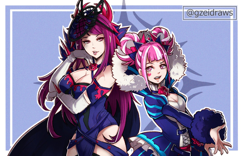 2girls back-to-back bangs bare_shoulders breasts cleavage cut_bangs dress fire_emblem fire_emblem_engage flower frilled_dress frills gzei hair_rings highres hip_vent hortensia_(fire_emblem) ivy_(fire_emblem) juliet_sleeves large_breasts long_hair long_sleeves looking_at_another multiple_girls pink_hair puffy_sleeves purple_hair red_flower red_rose rose small_breasts swept_bangs