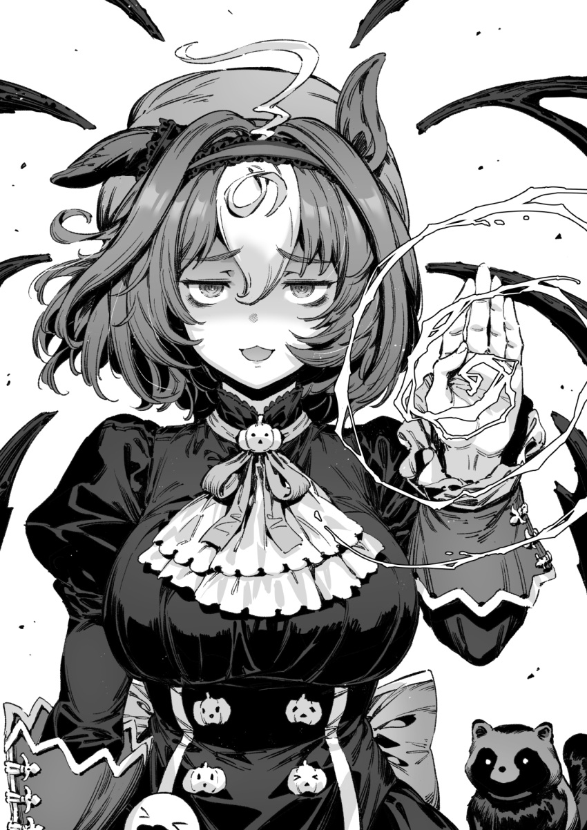 1girl ahoge animal_ears ascot bacius bangs breasts dress frilled_hairband frills gloves greyscale hair_between_eyes hairband highres horse_ears horse_girl large_breasts long_sleeves looking_at_viewer magic meisho_doto_(dot-o'-lantern)_(umamusume) meisho_doto_(umamusume) monochrome multicolored_hair open_mouth raccoon shaded_face short_hair simple_background solo streaked_hair umamusume upper_body white_background