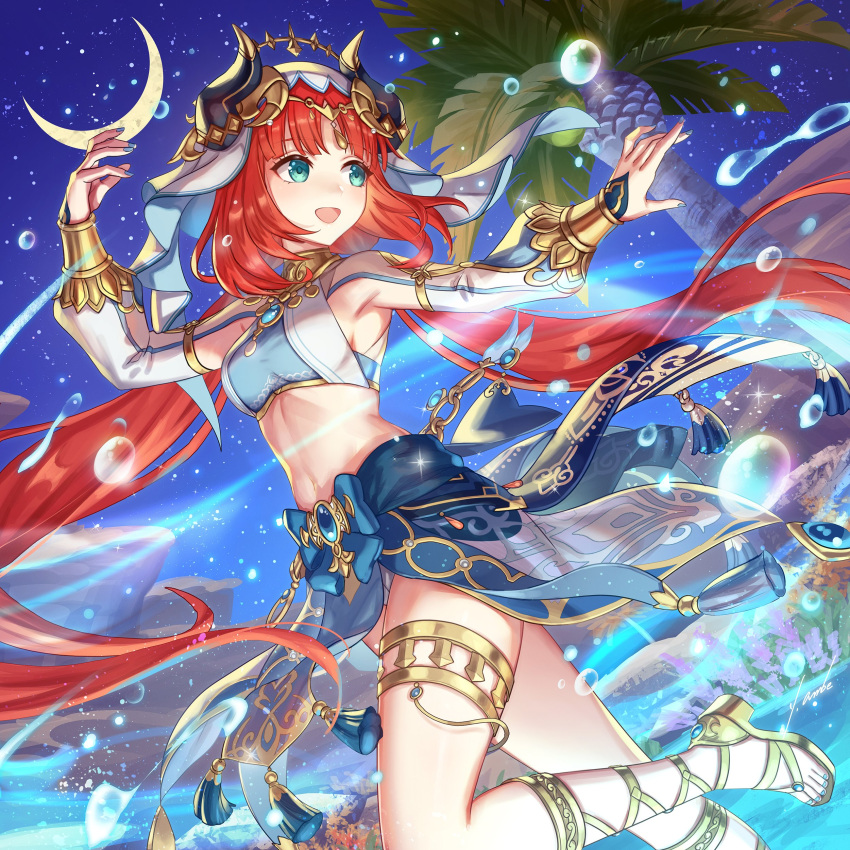 1girl absurdres anbe_yoshirou armlet bangs blue_skirt blush bracer breasts brooch crescent_moon feet foot_out_of_frame genshin_impact gladiator_sandals green_eyes hair_ornament harem_outfit highres horns jewelry large_breasts legs long_hair long_sleeves looking_to_the_side low_twintails moon nail_polish neck_ring night night_sky nilou_(genshin_impact) open_mouth palm_tree puffy_long_sleeves puffy_sleeves red_hair sandals sash sidelocks skirt sky smile standing standing_on_one_leg thighlet thighs toenail_polish toenails toes tree twintails veil water
