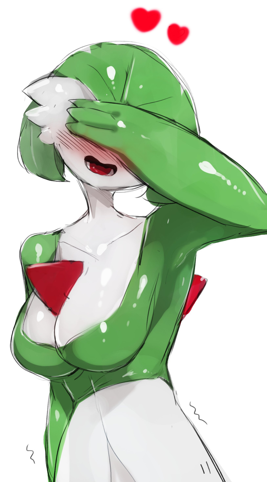 1girl absurdres arm_at_side arm_up bangs bob_cut breasts cleavage collarbone colored_skin commentary covered_eyes covering_eyes embarrassed facing_viewer gardevoir green_hair green_skin happy heart highres large_breasts multicolored_skin my700 open_mouth pokemon pokemon_(creature) shiny shiny_hair shiny_skin short_hair simple_background sketch smile solo standing symbol-only_commentary teeth tongue trembling two-tone_skin upper_body white_background white_skin