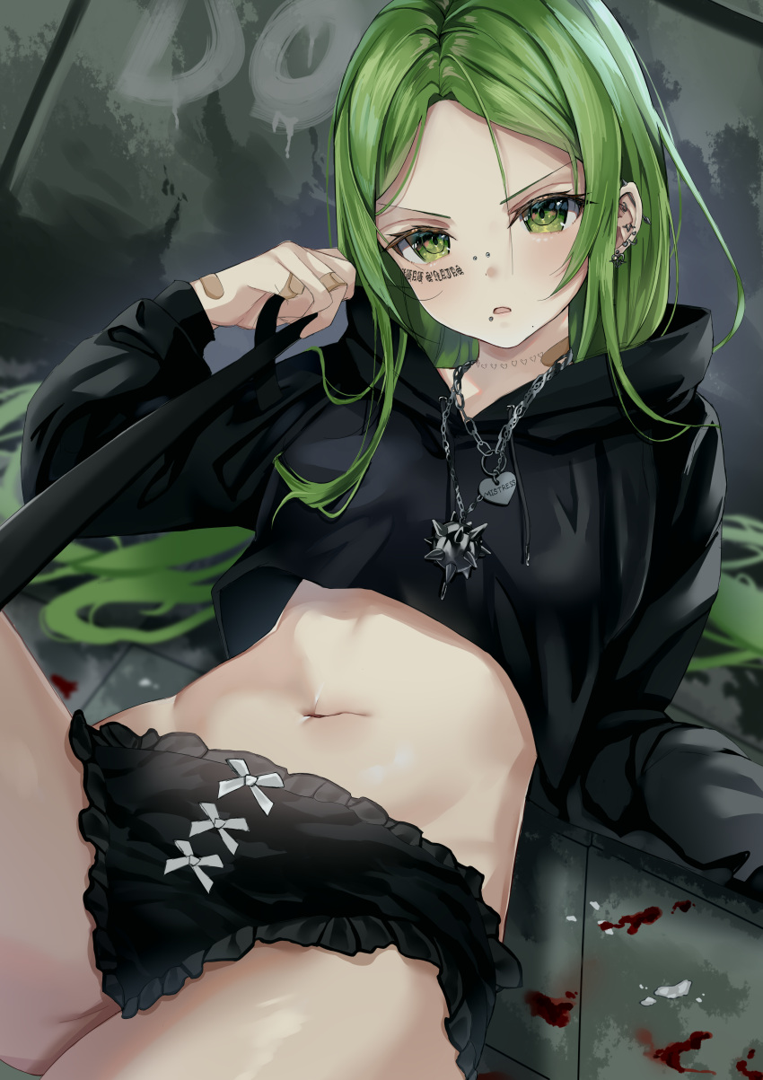 1girl absurdres bandaid bandaid_on_hand bandaid_on_neck black_jacket black_panties blood breasts chain_necklace commentary cowboy_shot crop_top ear_piercing earrings english_text facial_tattoo femdom green_eyes green_hair heart heart_necklace highres holding holding_leash hood hood_down hooded_jacket isari_sensei jacket jewelry leash long_hair long_sleeves looking_at_viewer lying mouth_piercing navel neck_tattoo necklace nose_piercing on_back on_floor original panties parted_lips piercing pov small_breasts solo spike_ball tattoo underwear
