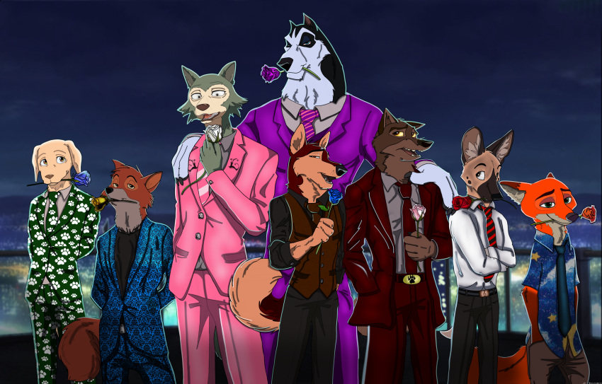 2022 absurd_res aggressive_retsuko anthro balto balto_(film) bandit_(holidaypup) beastars belt bird_dog bottomwear canid canine canis city cityscape clothed clothing digital_media_(artwork) dingo disney domestic_dog flower fox fur group haida half-closed_eyes hand_in_pocket hand_on_shoulder herding_dog hi_res holding_in_mouth holding_object holidaypup hunting_dog hyaenid jack_(beastars) labrador legoshi_(beastars) looking_at_viewer looking_up male mammal narrowed_eyes necktie nick_wilde open_mouth outside pants pastoral_dog plant pockets red_fox retriever robin_hood robin_hood_(disney) rose_(flower) sanrio seductive shirt slacks smile spotted_hyena standing steele_(balto) suit teeth topwear universal_studios vest wolf zootopia