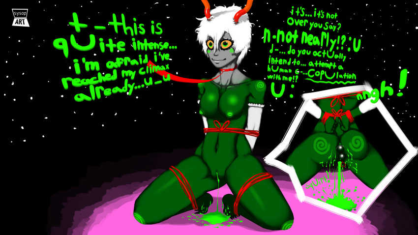 absurd_res alien anal anal_beads anal_beads_in_ass anal_orgasm anal_penetration bdsm bodily_fluids bondage bound calliope_(homestuck) cherub_(homestuck) claws clothing colored_cum cum ejaculation female genital_fluids gloves green_body green_cum green_skin handwear hi_res homestuck horn humanoid male male/female ms_paint_adventures object_in_ass orange_eyes penetration pussy_ejaculation pussy_juice sex_toy sex_toy_in_ass sex_toy_insertion solo_focus solo_in_panel sysop_art unusual_bodily_fluids unusual_cum unusual_genital_fluids webcomic white_clothing white_gloves white_handwear