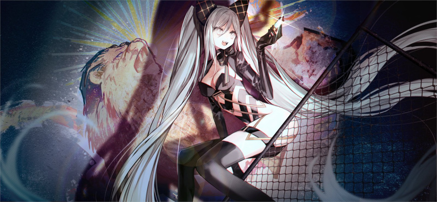 1girl absurdly_long_hair alchemy_stars asymmetrical_clothes bangs bodysuit breasts chain-link_fence choker cleavage feet_out_of_frame fence glint grey_hair hairband highres lens_flare long_hair looking_to_the_side mo_(mocopo) official_art open_mouth shrug_(clothing) single_pantsleg single_thighhigh sitting small_breasts smile smokey_(alchemy_stars) smokey_(imprisonment_of_greed)_(alchemy_stars) solo teeth thigh_strap thighhighs twintails upper_teeth very_long_hair