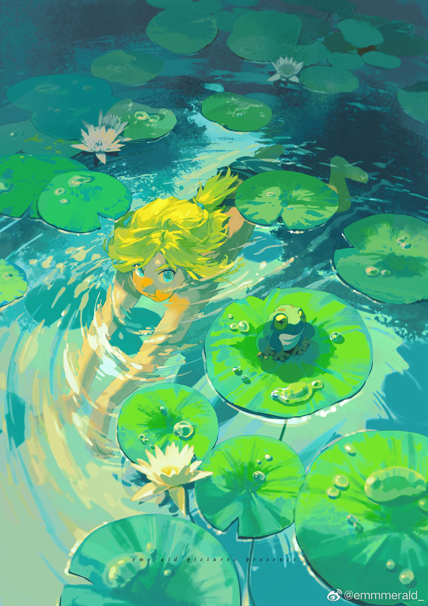 1boy afloat aqua_eyes flower freediving green_hair highres holy_pumpkin looking_at_viewer lotus low_ponytail solo swimming underwater water