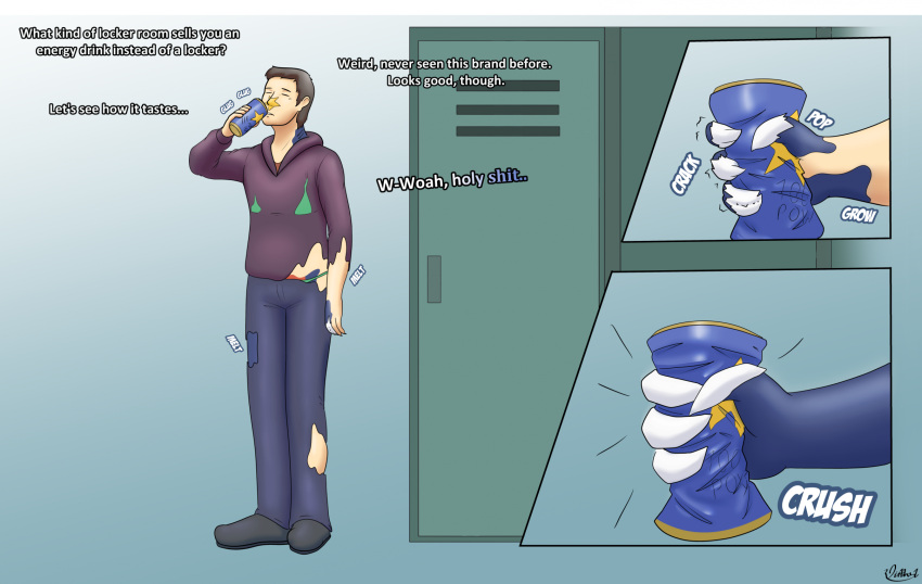 anthro beverage_can bottomwear clothed clothing crushed_can crushed_object diethyl drinking footwear fully_clothed garchomp generation_4_pokemon hi_res hoodie human locker_room male mammal nintendo pants pokemon pokemon_(species) shoes solo species_transformation standing topwear transformation video_games