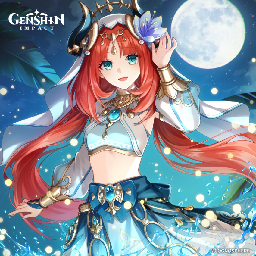 1girl :d amaichi_esora arm_up bangs blue_bow blue_gemstone blue_skirt bow bracer breasts brooch circlet copyright_name crop_top detached_sleeves fake_horns floating_hair flower full_moon gem genshin_impact gold_trim hair_flower hair_ornament harem_outfit highres horns jewelry leaf long_hair long_sleeves looking_at_viewer low_twintails midriff moon neck_ring night night_sky nilou_(genshin_impact) official_art open_mouth outdoors parted_bangs puffy_long_sleeves puffy_sleeves purple_flower red_hair skirt sky small_breasts smile solo twintails veil very_long_hair water water_drop white_headwear white_sleeves