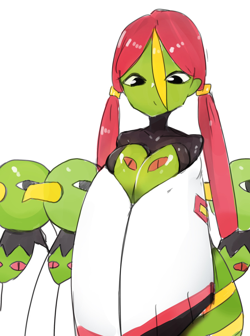 1girl absurdres bare_shoulders bird black_eyes black_skin blonde_hair breast_squeeze breasts cleavage closed_mouth collarbone colored_skin commentary green_skin hair_between_eyes hair_tie highres large_breasts looking_down multicolored_hair multicolored_skin my700 personification pokemon pokemon_(creature) red_hair shiny shiny_hair shiny_skin simple_background sketch sleeves_past_fingers sleeves_past_wrists symbol-only_commentary twintails two-tone_hair two-tone_skin white_background wide_sleeves xatu