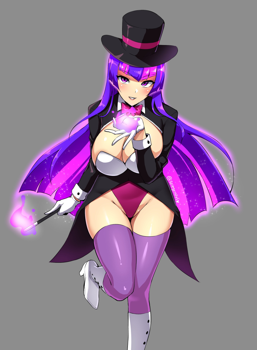 1girl absurdres bow breasts cleavage dc_comics gloves hat high_heels highres holding holding_wand large_breasts leotard long_hair looking_at_viewer magic multicolored_hair pink_hair purple_eyes purple_hair smile sole_gem solo standing standing_on_one_leg thighhighs top_hat wand white_gloves zatanna_zatara