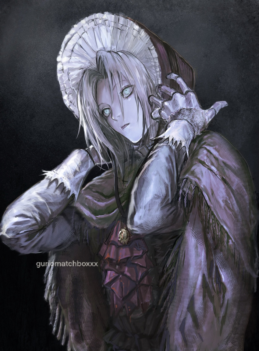 1girl artist_name ascot bangs bloodborne bonnet breasts cloak doll_joints gradient gradient_background grey_hair guri_otoko hands_up hat highres jewelry joints large_breasts long_sleeves medium_hair necklace plain_doll red_ascot shiny shiny_clothes short_hair solo standing upper_body yellow_eyes