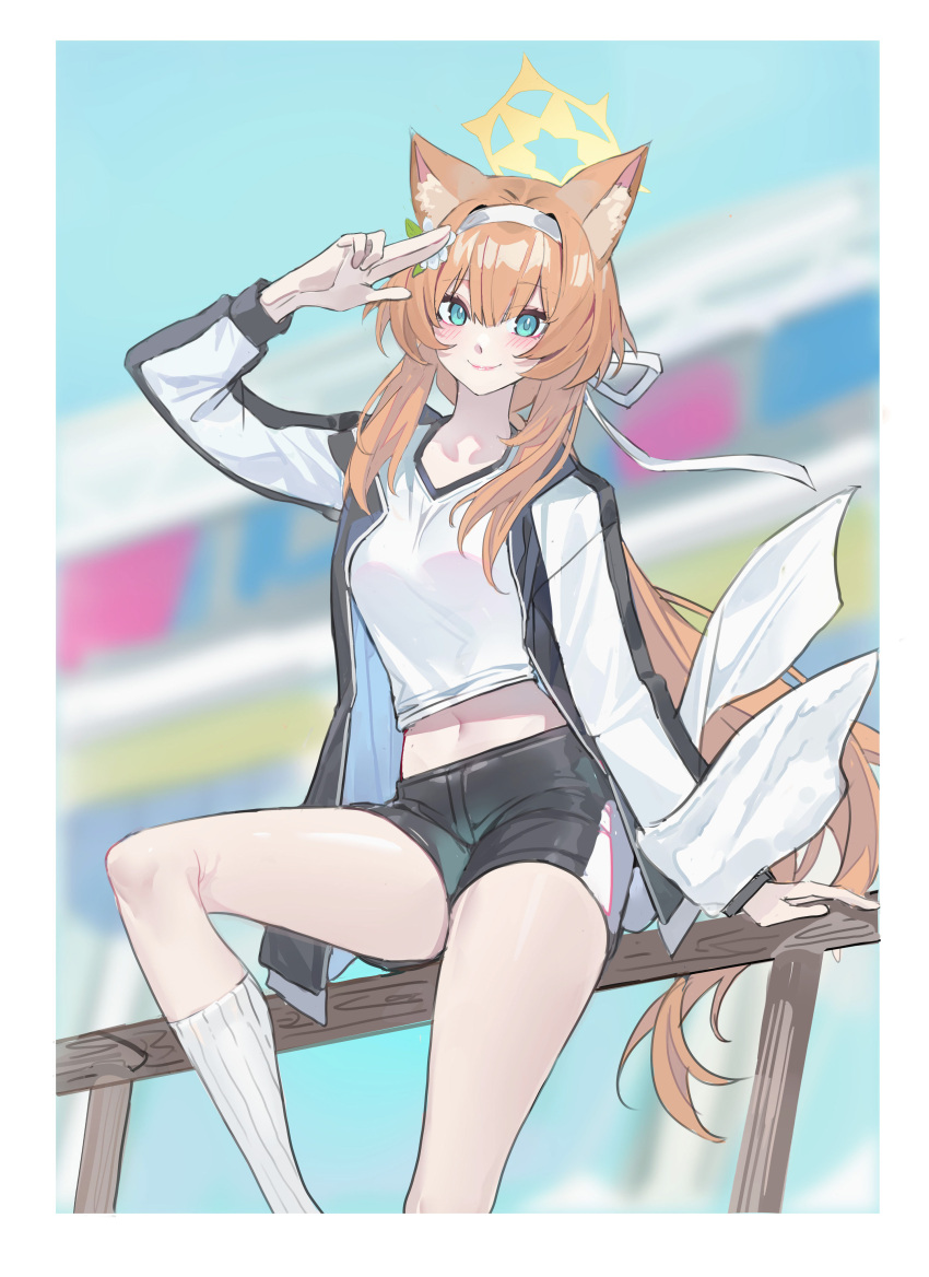 1girl absurdres animal_ear_fluff animal_ears arm_up bangs black_shorts blue_archive blue_eyes blurry blurry_background blush brown_hair cat_ears commentary_request crop_top echj feet_out_of_frame highres jacket long_hair long_sleeves looking_at_viewer mari_(blue_archive) midriff navel open_clothes open_jacket railing shirt short_shorts shorts sitting smile socks solo thighs very_long_hair white_shirt white_socks