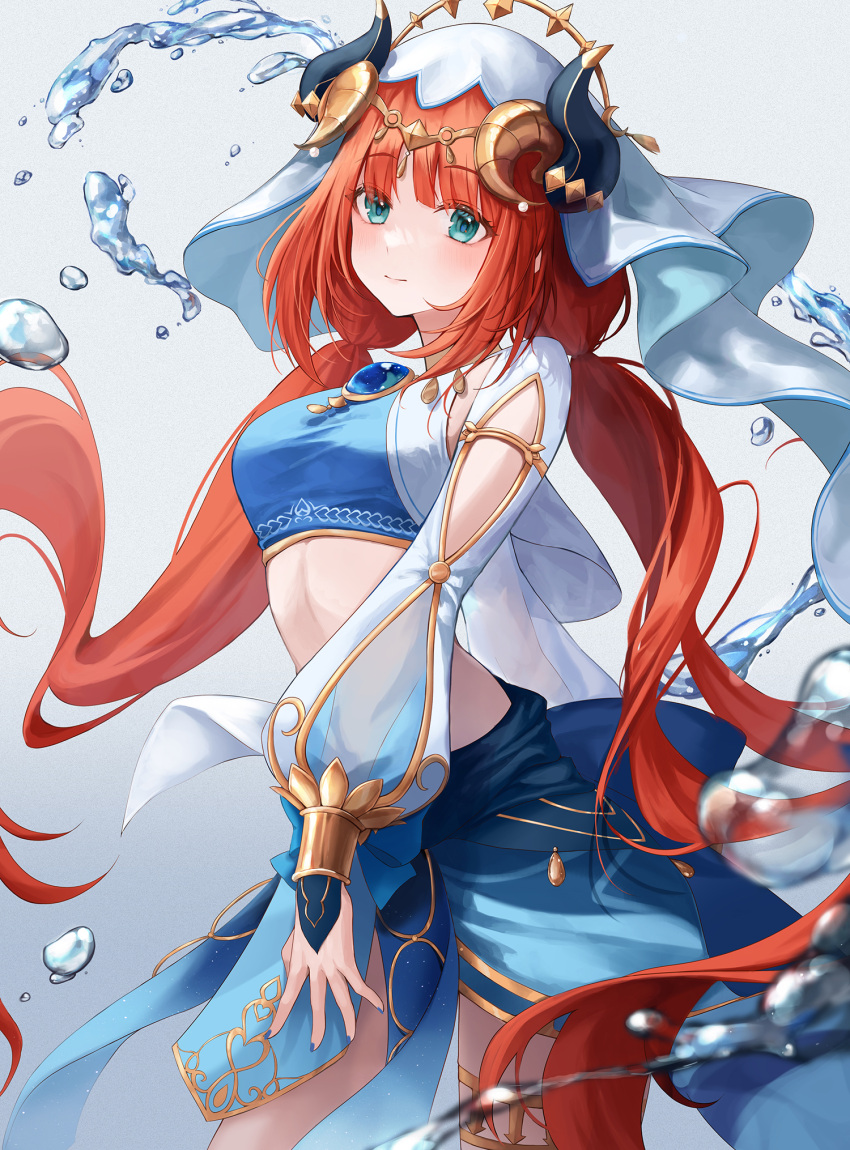 1girl aqua_eyes bangs blue_gemstone breasts circlet closed_mouth cowboy_shot crop_top fake_horns floating_hair gem genshin_impact gold_trim harem_outfit heeri highres horns jewelry long_hair long_sleeves looking_at_viewer low_twintails medium_breasts nilou_(genshin_impact) parted_bangs puffy_long_sleeves puffy_sleeves red_hair simple_background skirt smile solo stomach twintails veil water white_background white_headwear white_sleeves