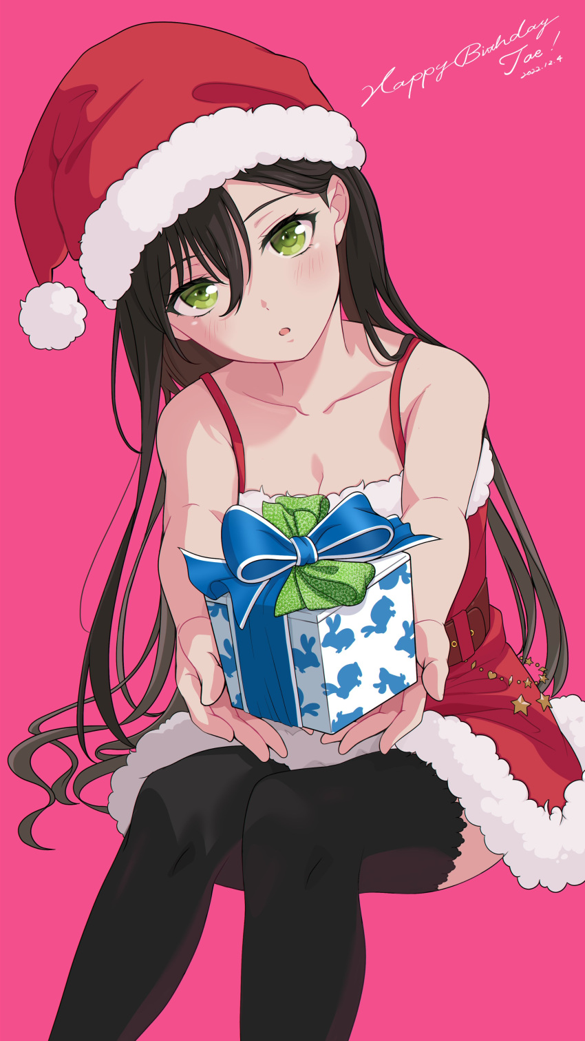 1girl absurdres animal_print bang_dream! bangs bare_arms bare_shoulders belt black_hair black_thighhighs blue_bow blush bow box breasts brown_belt bunny_print character_name cleavage collarbone commentary dated dress feet_out_of_frame fur-trimmed_dress fur-trimmed_headwear fur_trim gift gift_box green_bow green_eyes hair_behind_ear hair_between_eyes hanazono_tae hands_up happy_birthday hat head_tilt highres holding holding_gift incoming_gift invisible_chair long_hair looking_at_viewer medium_breasts nobusawa_osamu official_alternate_costume outstretched_arms parted_lips pink_background polka_dot polka_dot_bow pom_pom_(clothes) red_dress santa_costume santa_dress santa_hat short_dress simple_background sitting sleeveless sleeveless_dress solo spaghetti_strap thighhighs very_long_hair