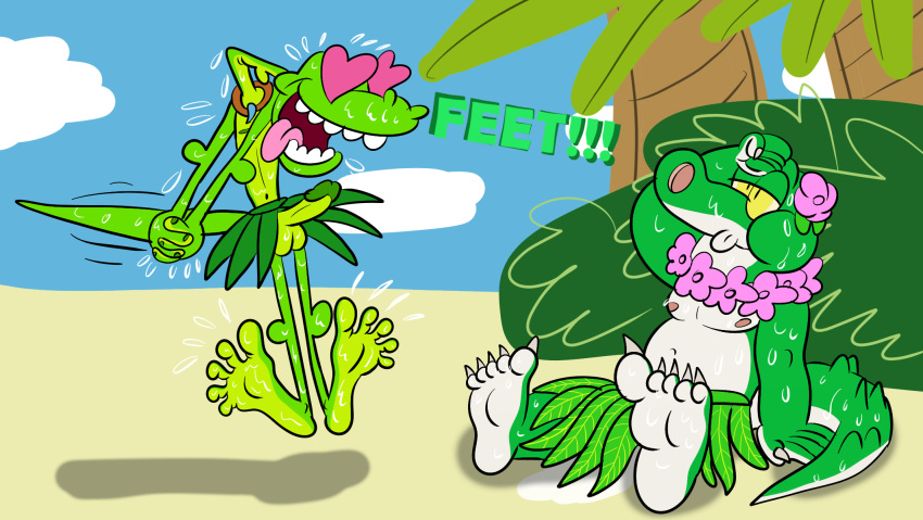 &lt;3 &lt;3_eyes 5_toes alligator alligatorid anthro bodily_fluids clothed clothing cregon crocodile crocodilian crocodylid crossdressing duo english_text erection feet flat_colors flower foot_fetish genitals green_body hawaii hi_res hula hula_skirt humanoid_genitalia humanoid_penis jolly_the_lizard jolly_the_lizard_(character) jollyville lizard male multicolored_body penis plant reptile scalie simple_background sweat sweaty_arms sweaty_face sweaty_feet sweaty_legs text toes two_tone_body white_body