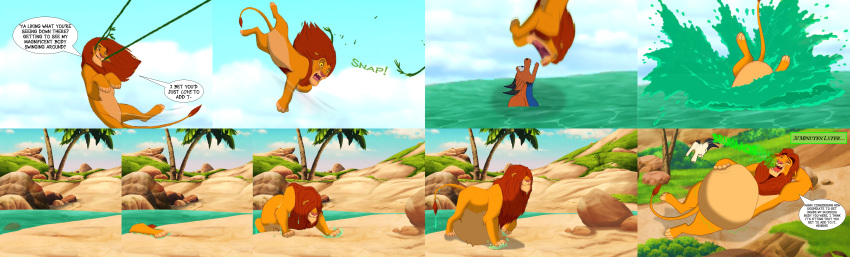 absurd_res accidental_vore belly big_belly burping comic disney dragon duo felid feral hand_on_stomach hi_res lion male male/male mammal oral_vore pantherine same_size_vore simba the_lion_king vore vorefan16 ych_result