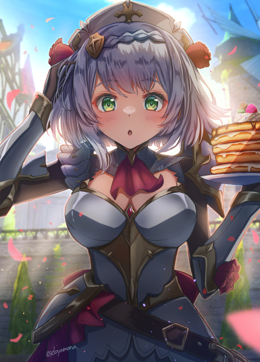 1girl 3d_background armor ascot backlighting bangs belt blunt_bangs blurry braid breastplate breasts cleavage commentary_request depth_of_field detached_collar doyamona falling_petals flower food gauntlets genshin_impact green_eyes grey_hair hair_flower hair_ornament highres holding holding_plate long_sleeves looking_at_viewer maid maid_headdress noelle_(genshin_impact) pancake pancake_stack parted_lips petals plate playing_with_own_hair red_flower red_rose rose short_hair sidelocks single_braid solo