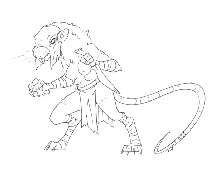 2021 anthro arm_wraps bottomwear breasts clothing face_covered female halbean leg_wraps loincloth mammal monochrome multi_breast neck_tuft rodent scar simple_background skaven sketch solo tail_wraps tuft warhammer_(franchise) wraps