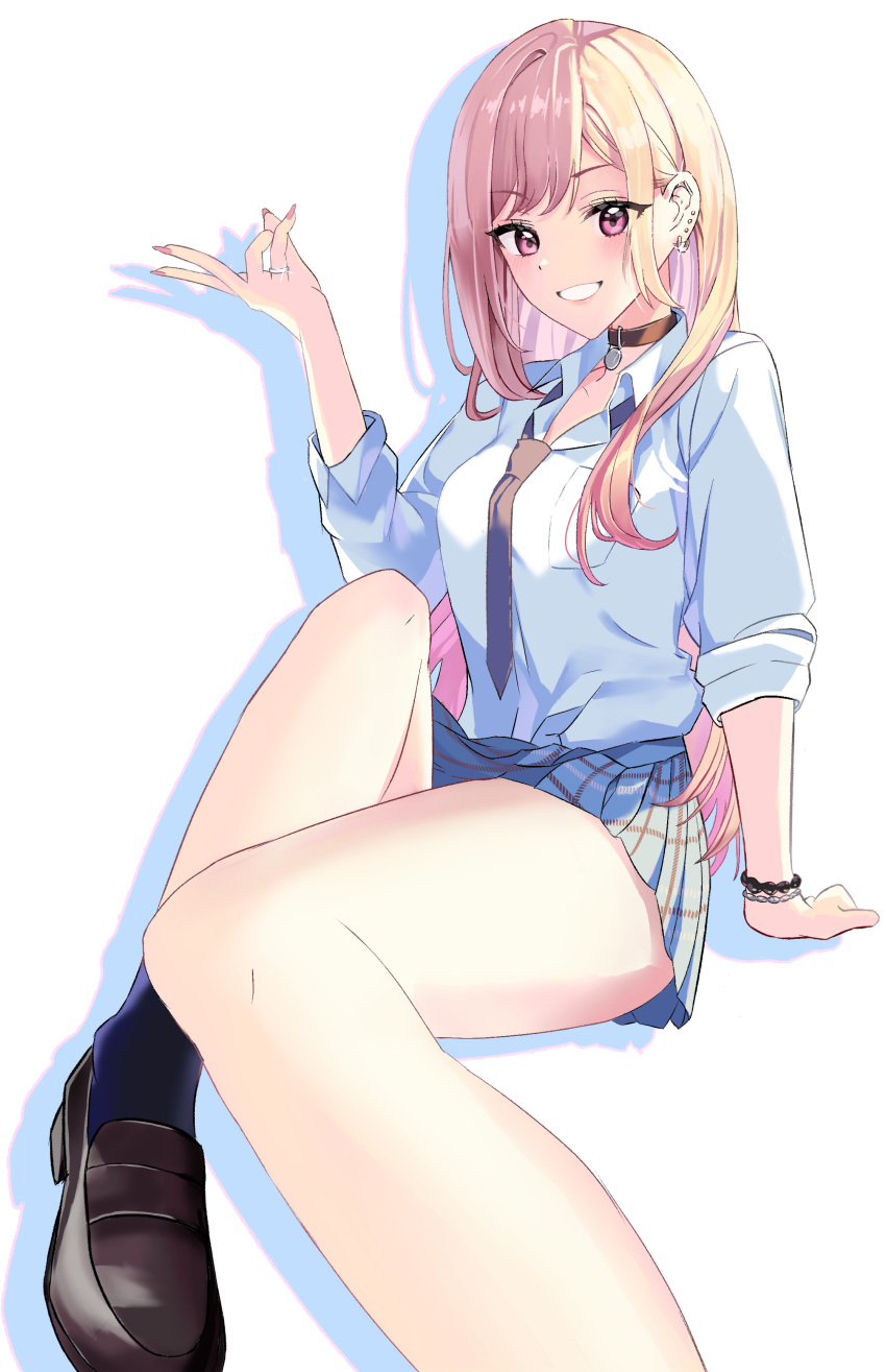 1girl absurdres arm_support bangs blonde_hair blue_necktie blue_skirt blue_socks bracelet brown_choker brown_footwear choker collared_shirt colored_inner_hair commentary ear_piercing earrings eyelashes foot_out_of_frame foreshortening hand_up highres jewelry kitagawa_marin knee_up legs loafers looking_at_viewer multicolored_hair nail_polish necktie piercing pink_eyes pink_hair pink_nails plaid plaid_skirt school_uniform shadow shiny shiny_hair shiny_skin shirt shoes sidelocks simple_background sitting skirt sleeves_rolled_up socks solo sono_bisque_doll_wa_koi_wo_suru swept_bangs teeth thighs v white_background white_shirt yuki_yuuma