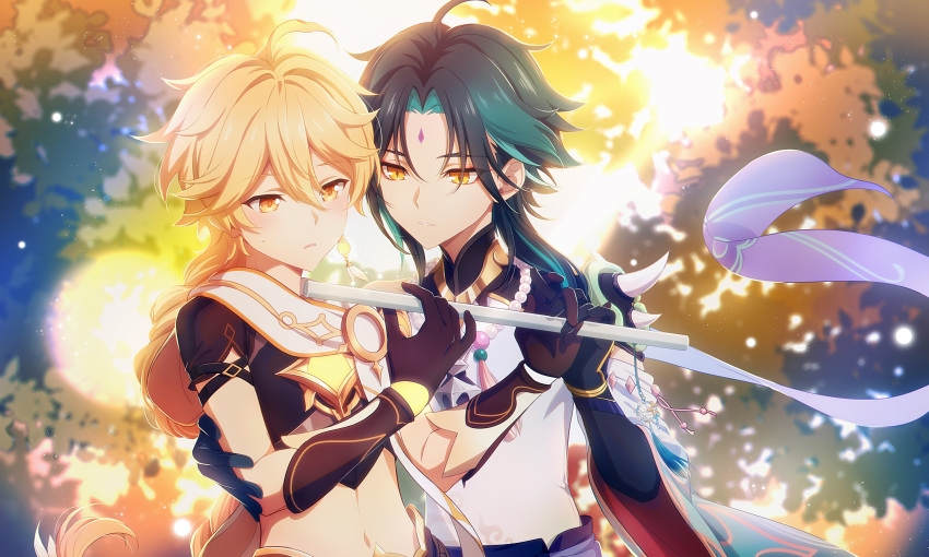 2boys absurdres aether_(genshin_impact) ahoge arm_around_waist asymmetrical_clothes blonde_hair blush braid earrings facial_mark fcc forehead_mark genshin_impact green_hair hair_between_eyes highres jewelry long_hair midriff multicolored_hair multiple_boys navel official_style orange_eyes parted_lips single_earring slit_pupils sweatdrop xiao_(genshin_impact) yellow_eyes