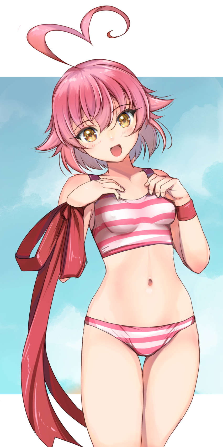 1girl absurdres ahoge aino_heart arcana_heart bikini breasts commentary_request gradient_hair hair_flaps heart heart_ahoge highres multicolored_hair pink_bikini pink_hair red_ribbon ribbon short_hair small_breasts smile solo standing striped striped_bikini swimsuit translation_request yashin_(yasinz) yellow_eyes
