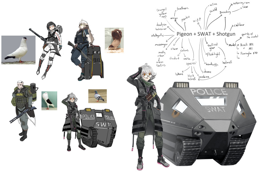 1boy 3girls arm_up bird caterpillar_tracks commission english_commentary fingerless_gloves full_body glass gloves grey_hair ground_vehicle gun haonfest highres knee_pads long_sleeves looking_ahead mecha military military_vehicle motor_vehicle multiple_girls multiple_views orange_eyes original robot shotgun simple_background standing tactical_clothes techwear weapon white_background