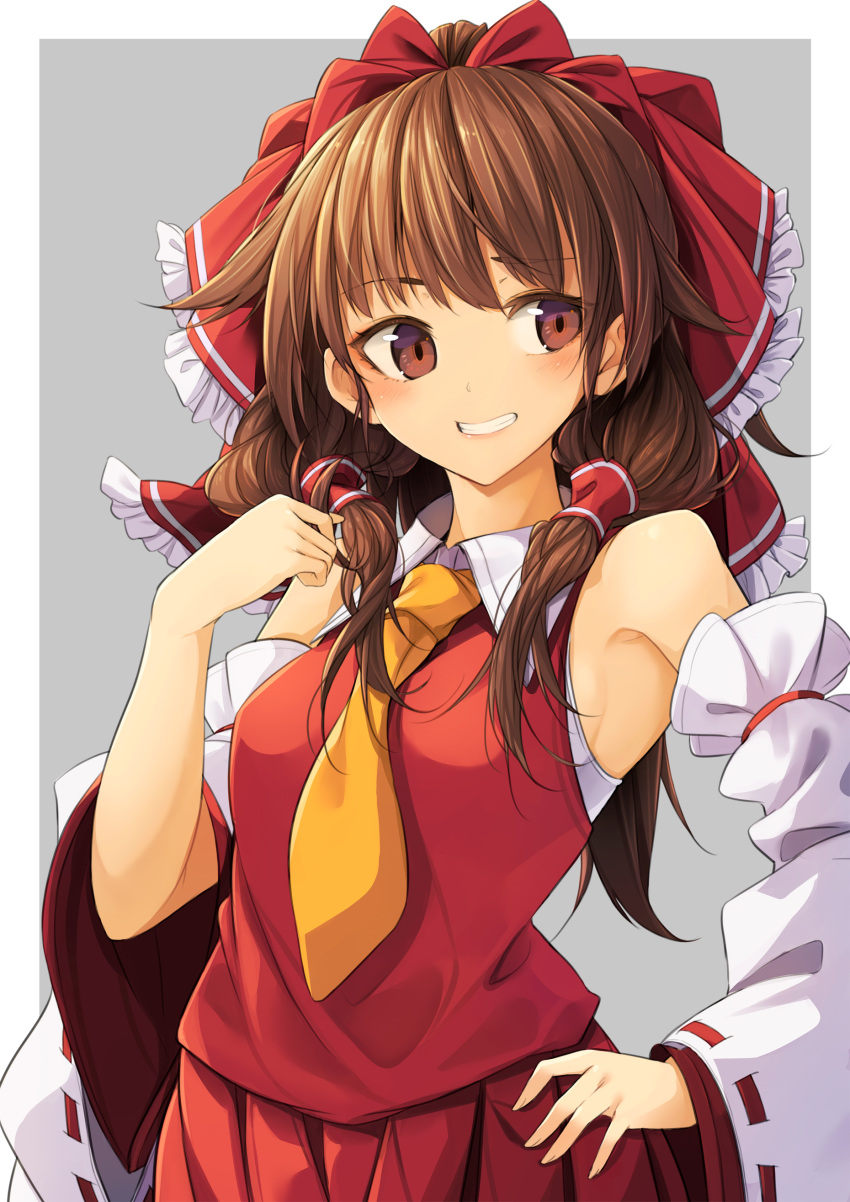 .sin 1girl absurdres armpits bangs bare_shoulders bow breasts brown_eyes brown_hair collar collared_shirt commentary cowboy_shot detached_sleeves frilled_bow frills grey_background grin hair_bow hair_tubes hakurei_reimu hand_on_hip highres long_hair looking_to_the_side medium_breasts necktie playing_with_own_hair pleated_skirt red_shirt red_skirt shirt simple_background skirt sleeveless sleeveless_shirt smile solo touhou white_collar yellow_necktie