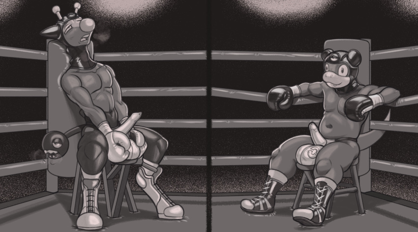 2022 anthro ballboxing balls balls_outline blank_stare boxing boxing_gloves bulge clothing dcheese digital_media_(artwork) duo erection fighting_ring form_fitting generation_1_pokemon generation_2_pokemon genital_outline genitals girafarig handwear hi_res holding_balls leather leather_headgear male male/male monochrome nintendo pained_expression penis_clothing penis_outline pokemon pokemon_(species) slightly_chubby slowpoke sport thong underwear video_games