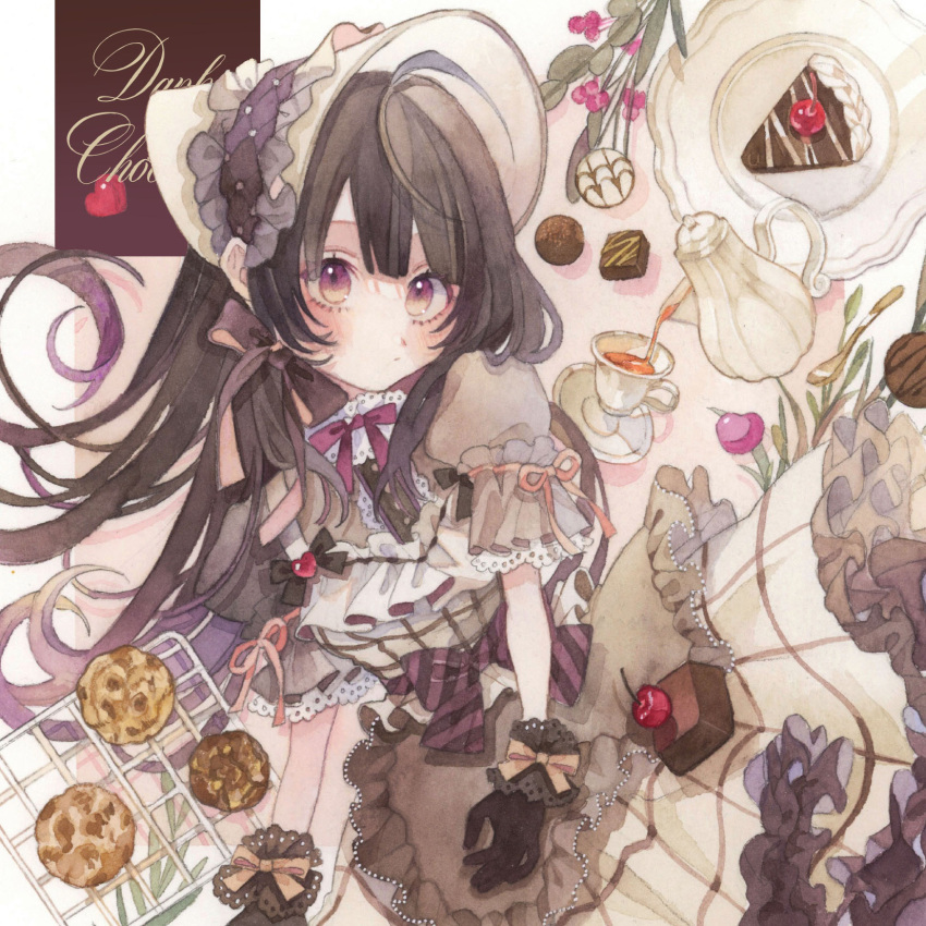 1girl background_text bangs black_gloves black_hair black_ribbon black_wrist_cuffs blunt_bangs bonnet bow brown_ribbon cake cake_slice center_frills cherry chocolate chocolate_cake closed_mouth cookie cup dark_chocolate dress drink english_text expressionless floating_hair flower food frilled_cuffs frilled_dress frilled_headwear frilled_sleeves frills fruit gloves gradient_dress gradient_eyes grey_dress hair_ribbon heart highres hot_chocolate leaf long_hair looking_to_the_side maid_headdress multicolored_eyes neck_ribbon original painting_(medium) pink_ribbon pouring purple_bow purple_eyes purple_flower purple_ribbon ribbon saucer short_sleeves sleeve_ribbon solo striped striped_bow teacup teapot traditional_media two-tone_bow two-tone_dress two-tone_headwear uni_(setsuna_gumi39) watercolor_(medium) white_dress wrist_cuffs