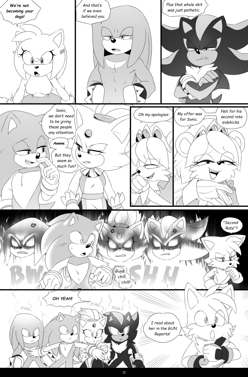 2022 5_fingers absurd_res accessory amy_rose angry anthro blaze_the_cat bouncing_breasts bracelet breasts caleigh_(krazyelf) canid canine clenched_teeth clothing coat comic cross-popping_veins dialogue domestic_cat dress echidna english_text eulipotyphlan featureless_crotch felid feline felis female fingers fire fist forehead_gem fox frown gloves greyscale group hair_accessory hairband hands_on_hips hands_together handwear hedgehog hi_res jewelry knuckles_the_echidna krazyelf lion male mammal miles_prower monochrome monotreme motion_lines onomatopoeia open_mouth pantherine question_mark sega shadow_the_hedgehog simple_background smile smirk smug sonic_the_hedgehog sonic_the_hedgehog_(series) sound_effects speech_bubble spiked_gloves spikes teeth text topwear white_background