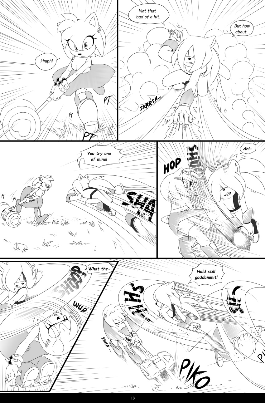 &lt;3 2022 5_fingers absurd_res amy_rose anthro boots clothing comic dialogue duo english_text eulipotyphlan female fight fingers footwear gloves greyscale hammer handwear hedgehog hi_res holding_object holding_sword holding_weapon krazyelf male mammal melee_weapon monochrome motion_lines onomatopoeia sega sonic_the_hedgehog_(series) sound_effects speech_bubble sword text tools unknown_species verge_(krazyelf) weapon