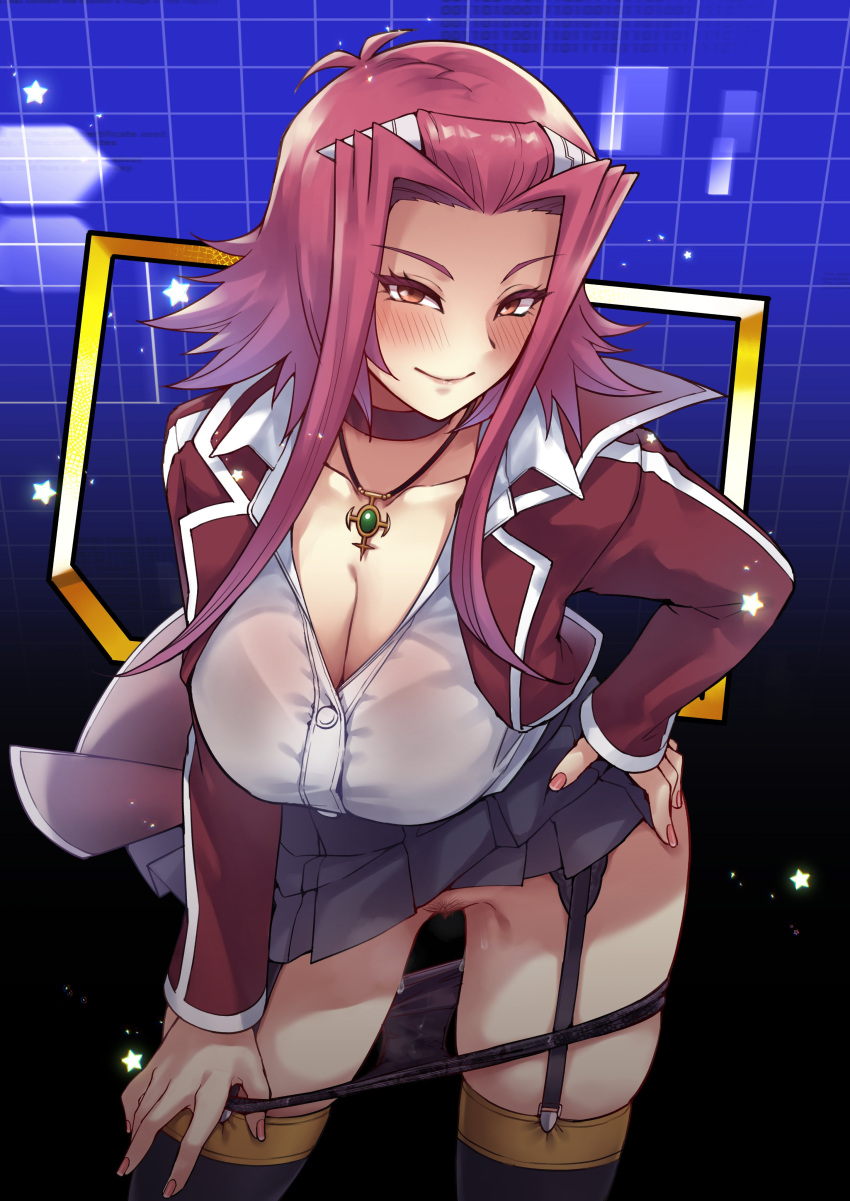 1girl absurdres black_panties black_skirt black_thighhighs blush breasts cleavage closed_mouth clothes_lift collarbone contrapposto female_pubic_hair forehead garter_straps gradient gradient_background grey_shirt hand_on_hip highres izayoi_aki jacket jewelry large_breasts leaning_forward lifted_by_self long_sleeves looking_at_viewer mibry_(phrysm) necklace open_clothes open_jacket panties panty_pull pleated_skirt pubic_hair pulled_by_self red_eyes red_hair red_jacket shirt short_hair_with_long_locks sidelocks signature skindentation skirt skirt_lift smile solo thighhighs underwear yu-gi-oh! yu-gi-oh!_5d's